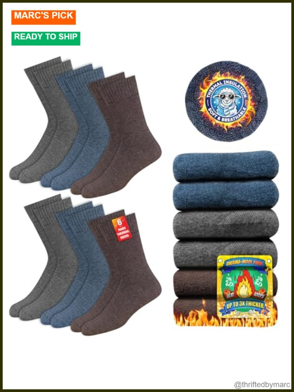 Thermal Socks for Men Winter Heat Socks Pack of 6 Crew Length